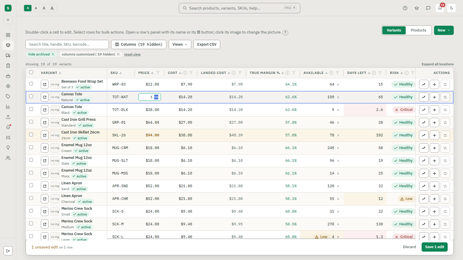 The Stocked stock workspace mid-edit: one row's price cell is open as a text input with the cursor in it, another row is highlighted with a pending price change, and a bar along the bottom reads one unsaved edit on one row with discard and save buttons.